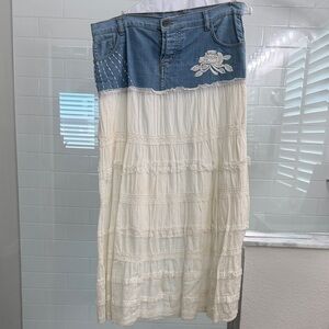 Sharagano Denim and Cream Embroidered Maxi Skirt
